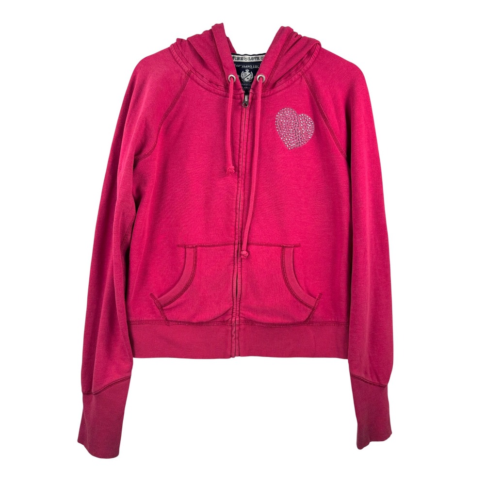 VTG Victoria's Secret PINK Zip Up Hoodie sz L Pink Rhinestone Love Pink‎ Y2K
